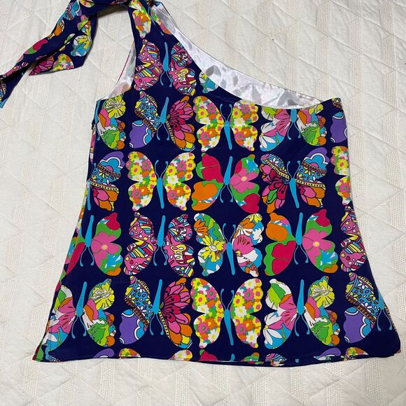 Lilly Pulitzer silk one-shoulder butterfly tank top size 2 whimsical summer - Picture 2 of 8